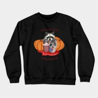 Halloween Raccoon with skull and pumpkins in the blood puddle Crewneck Sweatshirt